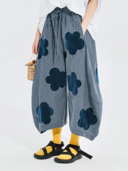 imakokoni summer new flocking applique plaid Korean wide-leg pants women's loose 244629