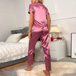Heart Embroidery Satin Pajama Set Casual Short Sleeve Button Up Lapel Collar Top & Elastic Pants Pyjama Women's Sleepwear Pj Set