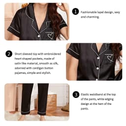 Heart Embroidery Satin Pajama Set Casual Short Sleeve Button Up Lapel Collar Top & Elastic Pants Pyjama Women's Sleepwear Pj Set