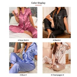 Heart Embroidery Satin Pajama Set Casual Short Sleeve Button Up Lapel Collar Top & Elastic Pants Pyjama Women's Sleepwear Pj Set