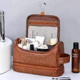 2026 New Hanging Makeup Bag Large Capacity PU Leather Wash Bag Double Layered Men's Cosmetic Bag Travel Essentials Organizer