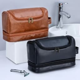 2026 New Hanging Makeup Bag Large Capacity PU Leather Wash Bag Double Layered Men's Cosmetic Bag Travel Essentials Organizer