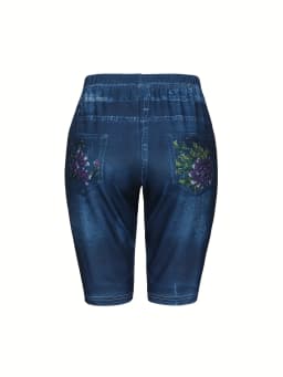 Floral Print Deep Blue Imitation Denim Slim Fitting Shorts For Women's Casual Leggings With High Elasticity And Comfort