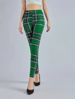 Women's Green Checkered Printed Leggings High Waisted And High Elastic Leggings Casual Pencil Pants Tight Pants