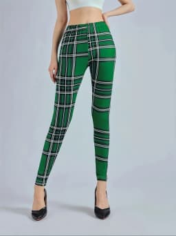 Women's Green Checkered Printed Leggings High Waisted And High Elastic Leggings Casual Pencil Pants Tight Pants