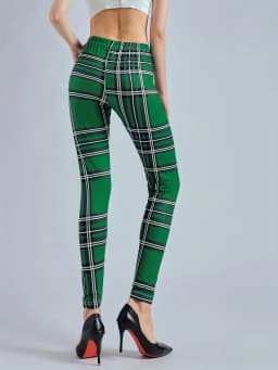 Women's Green Checkered Printed Leggings High Waisted And High Elastic Leggings Casual Pencil Pants Tight Pants