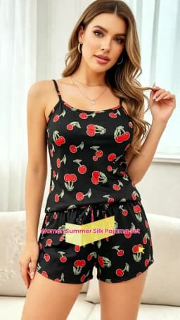 Pajamas Set for Women Breathable Cherry & Flower Print Sleepwear Comfy Camisole Top and Shorts Pyjama Home Loungewear for Ladies