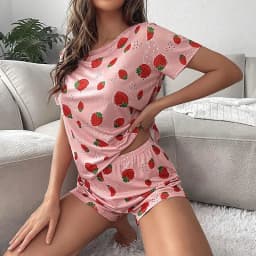 Pajamas Set for Women Breathable Cherry & Flower Print Sleepwear Comfy Camisole Top and Shorts Pyjama Home Loungewear for Ladies