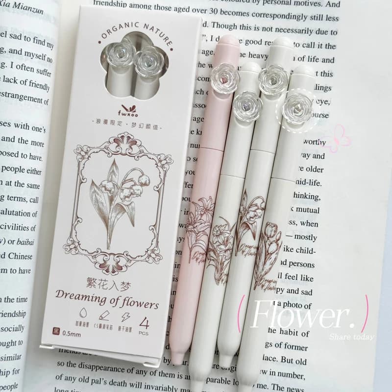 4PCS/Set Flower Gel Pen 0.5MM Quick Dry Gel Ink Pen For Students Creative Rotate Writing Pen Black Refill Neutral Pen Stationery