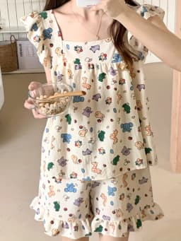 Allover Cartoon Print Lounge Set Ladies Summer Cute Ruffle Sleeve Square Neck Top & Shorts Kawaii Women's Loungewear Summer