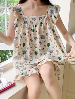 Allover Cartoon Print Lounge Set Ladies Summer Cute Ruffle Sleeve Square Neck Top & Shorts Kawaii Women's Loungewear Summer