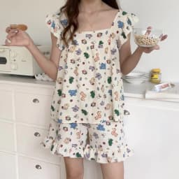 Allover Cartoon Print Lounge Set Ladies Summer Cute Ruffle Sleeve Square Neck Top & Shorts Kawaii Women's Loungewear Summer