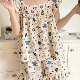 Allover Cartoon Print Lounge Set Ladies Summer Cute Ruffle Sleeve Square Neck Top & Shorts Kawaii Women's Loungewear Summer