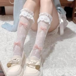 Japanese Retro Women Stockings Ruffle Long Socks Lolita Style White Lace Knee High Sock Sweet Girls Cute Bow Thigh High Stocking