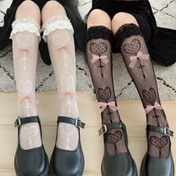 Japanese Retro Women Stockings Ruffle Long Socks Lolita Style White Lace Knee High Sock Sweet Girls Cute Bow Thigh High Stocking