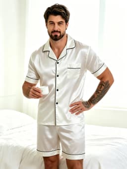 2pcs/Set Men's Pajamas Set For Summer Black Short Sleeve Button Down Shirt Top & Shorts Sleepwear Loungewear Shorts Suit Pyjamas