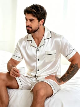 2pcs/Set Men's Pajamas Set For Summer Black Short Sleeve Button Down Shirt Top & Shorts Sleepwear Loungewear Shorts Suit Pyjamas