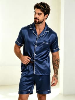 2pcs/Set Men's Pajamas Set For Summer Black Short Sleeve Button Down Shirt Top & Shorts Sleepwear Loungewear Shorts Suit Pyjamas