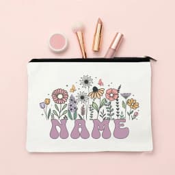 Personalized Flower with Name Makeup Bag Travel Cosmetic Case Canvas Monogram Toiletry Bag Festive Birthday Wedding Gift for Her