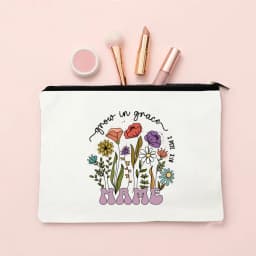 Personalized Flower with Name Makeup Bag Travel Cosmetic Case Canvas Monogram Toiletry Bag Festive Birthday Wedding Gift for Her