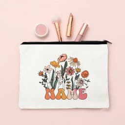 Personalized Flower with Name Makeup Bag Travel Cosmetic Case Canvas Monogram Toiletry Bag Festive Birthday Wedding Gift for Her