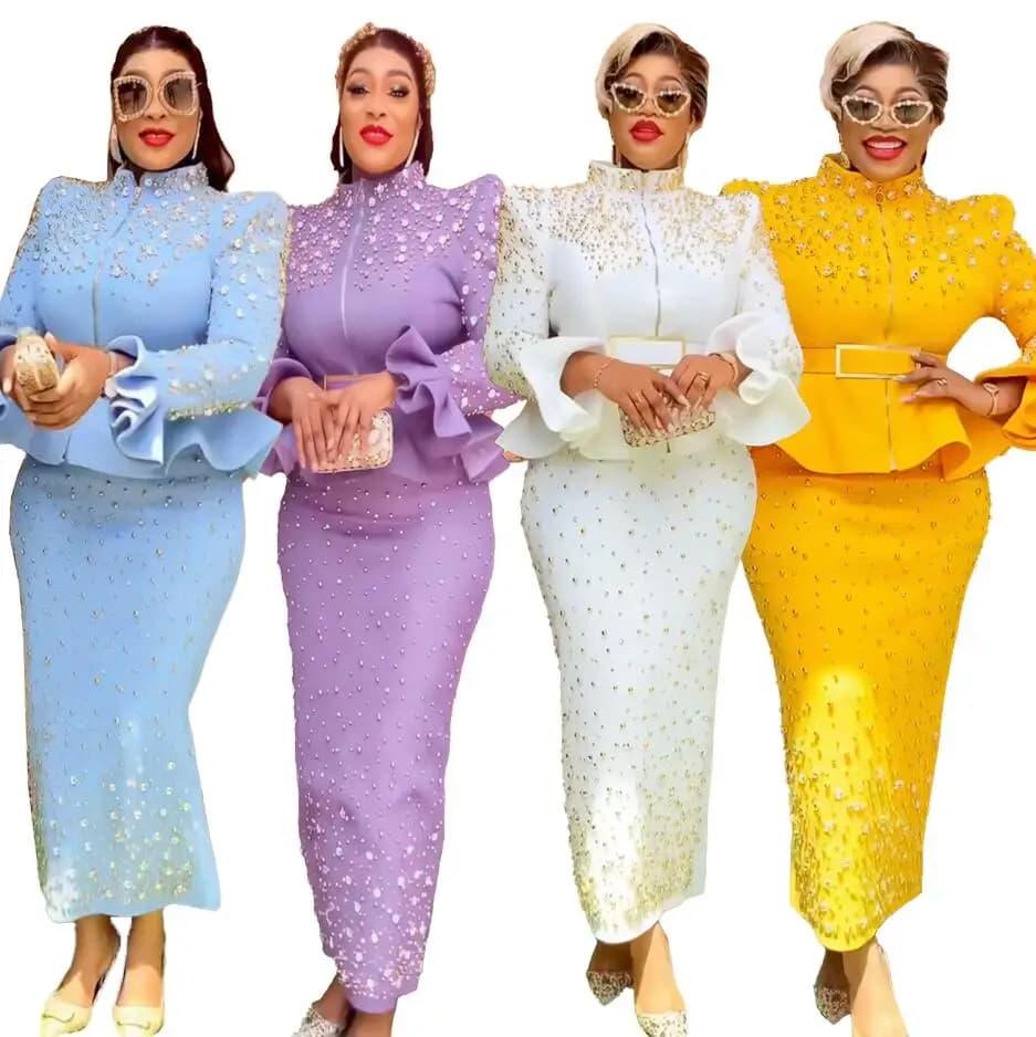 Luxury Women's Elegant Dress Suit Mesh Fabric Turkey Dresses for Women Luxury Rhinestone African Dress
