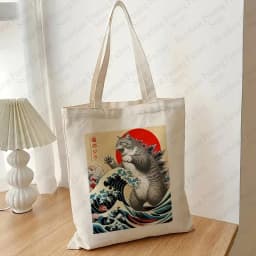 Catzilla Cat Japanese Art Funny Cat Gifts Pattern Tote Bag Canvas Shoulder Bags Women's Reusable Shopping Bags Best Gift