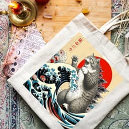 Catzilla Cat Japanese Art Funny Cat Gifts Pattern Tote Bag Canvas Shoulder Bags Women's Reusable Shopping Bags Best Gift