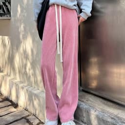 Women High Stretch Waist Wide Leg Pants Summer Drawstring Loose Long Rib Knitted Trousers