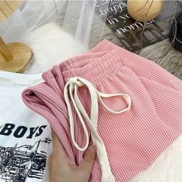Women High Stretch Waist Wide Leg Pants Summer Drawstring Loose Long Rib Knitted Trousers