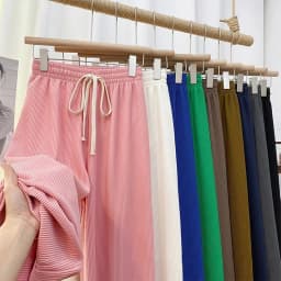 Women High Stretch Waist Wide Leg Pants Summer Drawstring Loose Long Rib Knitted Trousers