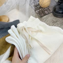 Women High Stretch Waist Wide Leg Pants Summer Drawstring Loose Long Rib Knitted Trousers
