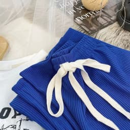 Women High Stretch Waist Wide Leg Pants Summer Drawstring Loose Long Rib Knitted Trousers