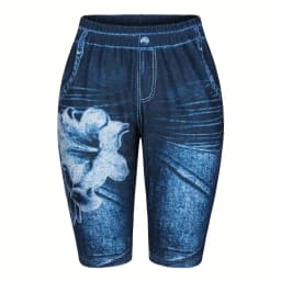 Lily Deep Blue Printed Imitation Denim Flower Slim Fitting Shorts For Women's Casual Leggings With High Elasticity