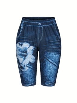 Lily Deep Blue Printed Imitation Denim Flower Slim Fitting Shorts For Women's Casual Leggings With High Elasticity