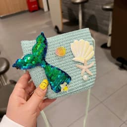 Summer Kids Straw Woven Messenger Bag Lovely Mermaid Small Coin Purse Handbags Mini Shoulder Bags Princess Wallet for Girls