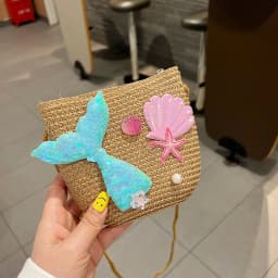 Summer Kids Straw Woven Messenger Bag Lovely Mermaid Small Coin Purse Handbags Mini Shoulder Bags Princess Wallet for Girls
