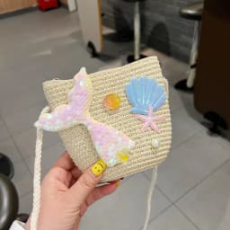 Summer Kids Straw Woven Messenger Bag Lovely Mermaid Small Coin Purse Handbags Mini Shoulder Bags Princess Wallet for Girls