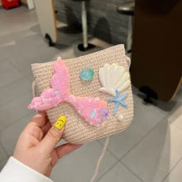 Summer Kids Straw Woven Messenger Bag Lovely Mermaid Small Coin Purse Handbags Mini Shoulder Bags Princess Wallet for Girls