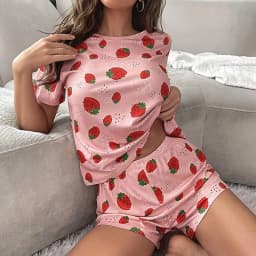 Women's Sleepwear Cute Strawberry Print Pajama Pj Set Summer Short Sleeve Top & Shorts Loungewear Soft Comfortable Home Clothing