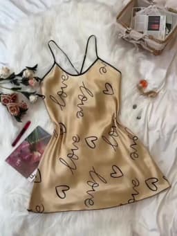 Heart Letter Print Nightdress Casual Round Neck Spaghetti Strap Sleep Dress Women's Sleepwear Dresses