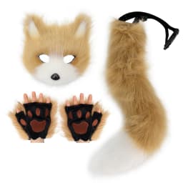 Girls Women Faux Fur Fox Tail Cat Wolf Cosplay Costume Set Plush Mask Fluffy Paw Gloves Halloween Christmas Party