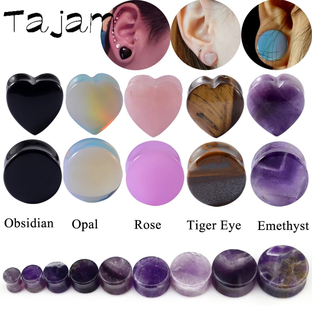 2PCS Heart Ear Plugs Natural Stone Ear Gauge Earring Flesh Tunnel Quartz Obsidian Opal Ears Expander Body Piercing 6-16mm