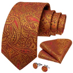 Men Tie Orange Paisley Luxury Polyester Wedding Prom 8cm Necktie Set Pocket Square Cufflinks Gift for Husband Men Accessory