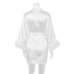 White Feather Robe With Fur Full Sleeves Sleepwear Satin Robes For Women Nightgown Bride Robe Gown Dress Bathrobe Female