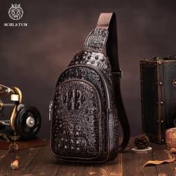 SCHLATUM Men's Genuine Leather Vintage Crocodile Pattern Chest Bag Luxury Men Crossbody Travel Bag Multifunction Sling Bags