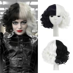 Black and White Wigs for Cruella Costume Women Short Curly Wavy Hair Wig with Wig Cute Synthetic Wigs for Party Halloween