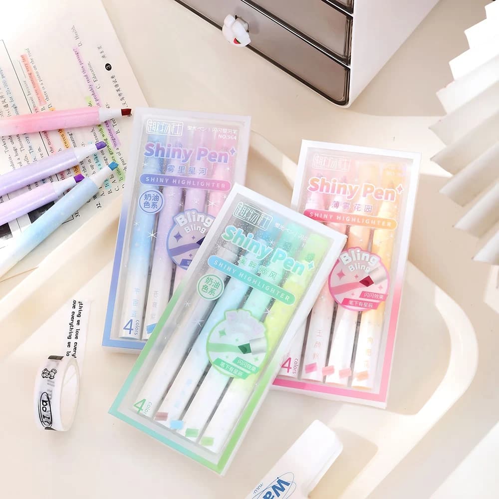 4 Colors/set Shiny Glitter Pens Morandi Color Series High Capacity Highlighter Pens Bling Bling Markers for Journaling Supplies