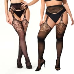 NEWJOINFUN Plus Size Hollow Out Fishnets Black Lace High Waist Stockings Garter Belt Sexy Hot Over Knee Pantyhose for Women XXXL