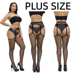 NEWJOINFUN Plus Size Hollow Out Fishnets Black Lace High Waist Stockings Garter Belt Sexy Hot Over Knee Pantyhose for Women XXXL